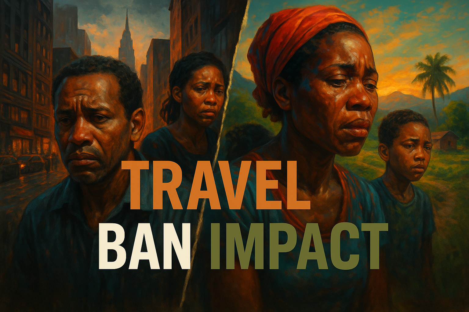 A cinematic image of distressed Haitian faces split between a bustling U.S. cityscape and a serene Haitian landscape, vibrant colors illustrating the emotional turmoil, high-contrast lighting highlighting their expressions, framed to show depth and connection. In bold letters, the high-impact phrase 'TRAVEL BAN IMPACT' is displayed prominently in a multi-line H2 font, with 'TRAVEL' in Bronze, 'BAN' in White, and 'IMPACT' in Olive Green, ensuring it pops against the background without crossing the margins.